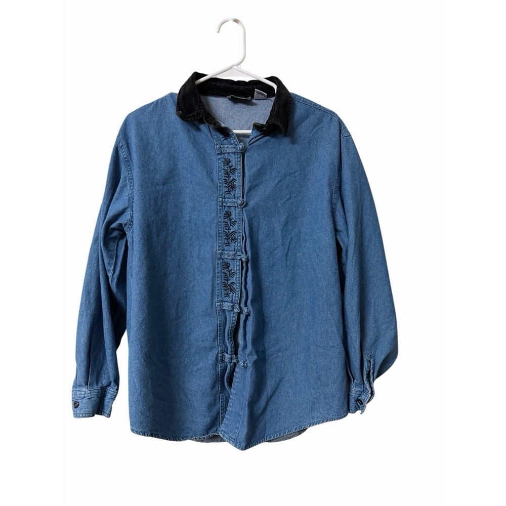 Paul Harris Denim Embroidered Button-Up Shirt Blue Collared Long Sleeve Size M